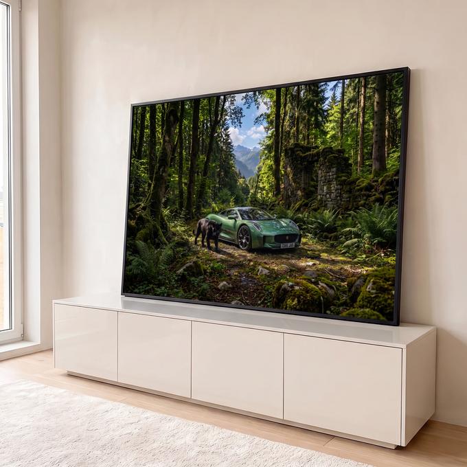 Quadro Decorativo Grande Carro Esportivo para Sala Verde | quadros decorativos para sala | carro esportivo verde e pantera negra numa trilha de floresta com montanhas ao fundo | em Quadros para Sala | Porao dos Quadros