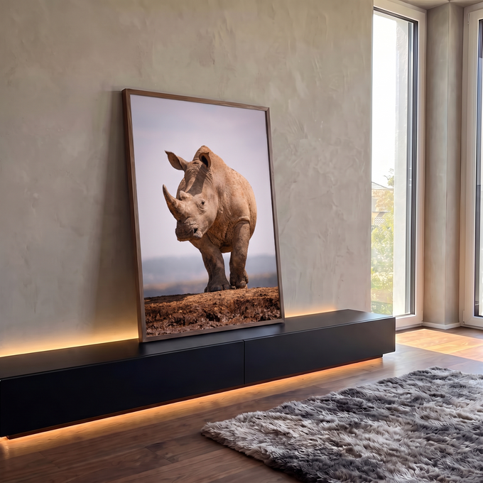 Rinoceronte-branco de frente sobre chão de lama e céu claro, fotografia de vida selvagem, quadro decorativo