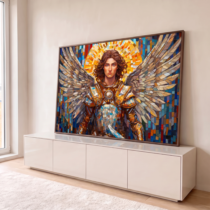 Quadro Decorativo Grande Anjo Guerreiro para Sala Dourado | quadros decorativos para sala | anjo guerreiro de armadura dourada com asas grandes e halo em mosaico colorido | em Quadros para Sala | Porao dos Quadros