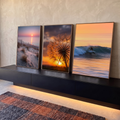 Quadro Decorativo Kit 3 Telas Praia Dente de Leão para Sala | quadros decorativos para sala | tríptico com praia ao entardecer, dente-de-leão em contraluz e surfista em onda dourada | em Quadros para Sala | Porao dos Quadros