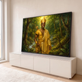 Quadro Decorativo Grande Guerreiro com Arco para Sala | quadros decorativos para sala | homem com coroa e manto dourados segurando arco e flecha em floresta verde | em Quadros para Sala | Porao dos Quadros