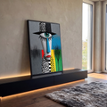 Quadro Decorativo Grande Rosto Cubista Olho Verde para Sala | quadros decorativos para sala | rosto cubista com olho verde gigante, nariz azul e cartola de bolinhas | em Quadros para Sala | Porao dos Quadros