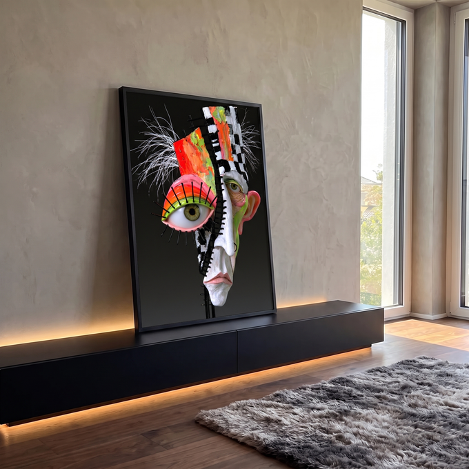 Rosto surreal com olho gigante, cílios de arame e xadrez preto e branco em fundo escuro, quadro decorativo
