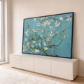 Quadro Decorativo Grande Flor de Amendoeira para Sala Azul | quadros decorativos para sala | galhos de amendoeira em flor branca e rosa sobre fundo azul turquesa | em Quadros para Sala | Porao dos Quadros