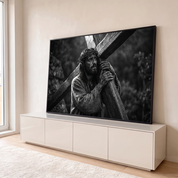 Jesus Cristo com coroa de espinhos carregando a cruz de madeira em foto preto e branco, quadro decorativo