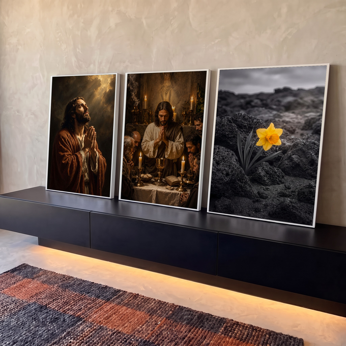Quadro Decorativo Kit 3 Telas Jesus Cristo para Sala Marrom | quadros decorativos para sala | Jesus Cristo em oração, cena da Última Ceia com apóstolos e flor amarela em paisagem rochosa | em Quadros para Sala | Porao dos Quadros