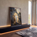 Quadro Decorativo Grande Jesus Ressuscitado para Sala Branco | quadros decorativos para sala | Jesus Cristo saindo do túmulo com luz dourada e manto branco | em Quadros para Sala | Porao dos Quadros