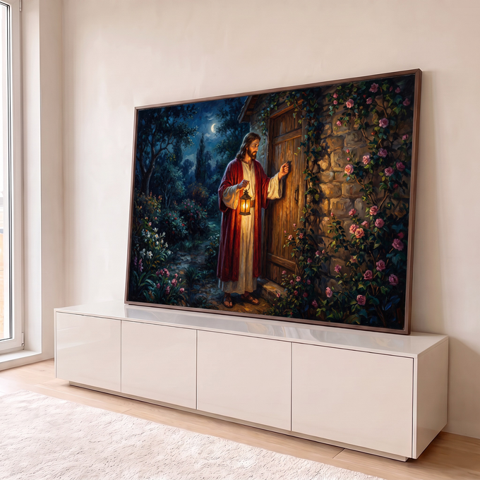 Jesus de manto vermelho batendo à porta de madeira com lanterna, noite de lua e rosas, quadro decorativo