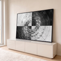 Quadro Decorativo Grande Túnel Geométrico Preto para Sala | quadros decorativos para sala | túnel geométrico abstrato com anéis concêntricos em preto, branco e cinza | em Quadros para Sala | Porao dos Quadros