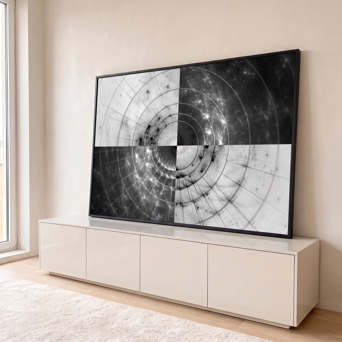 Quadro Decorativo Grande Túnel Geométrico Preto para Sala | quadros decorativos para sala | túnel geométrico abstrato com anéis concêntricos em preto, branco e cinza | em Quadros para Sala | Porao dos Quadros
