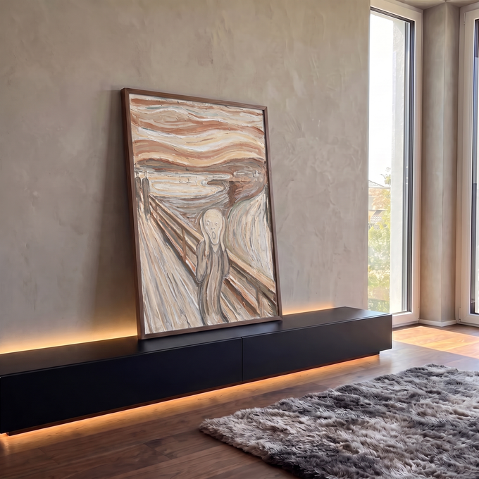 Quadro Decorativo Grande Grito de Edvard para Sala Bege | quadros decorativos para sala | figura gritando em tons bege inspirada em obra clássica expressionista | em Quadros para Sala | Porao dos Quadros