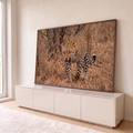 Leopardo rosnando com dentes à mostra, avançando pelo capim seco da savana, quadro decorativo