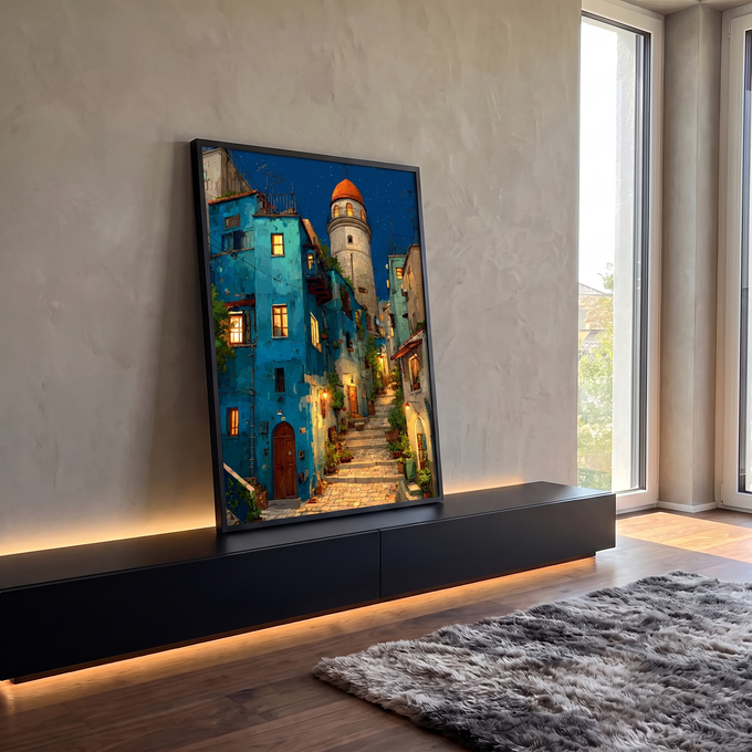 Beco de pedra noturno com casas azuis, torre de cúpula laranja e céu estrelado, quadro decorativo