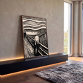 Quadro Decorativo Grande Grito de Edvard para Sala Preto | quadros decorativos para sala | figura gritando de mãos no rosto sobre ponte, ilustração preto e branco de linhas onduladas | em Quadros para Sala | Porao dos Quadros