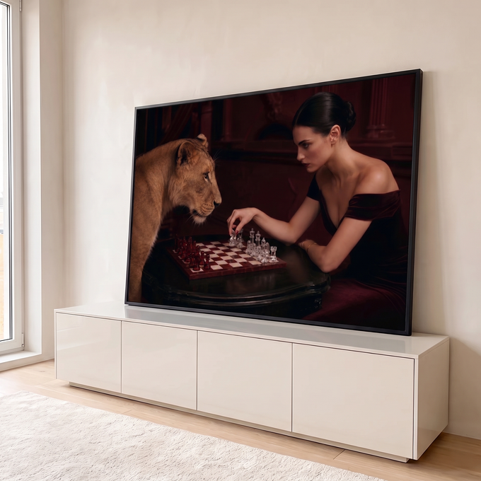 Quadro Decorativo Grande Mulher Jogando Vermelho para Sala | quadros decorativos para sala | mulher elegante jogando xadrez com uma leoa em cenário vermelho luxuoso | em Quadros para Sala | Porao dos Quadros
