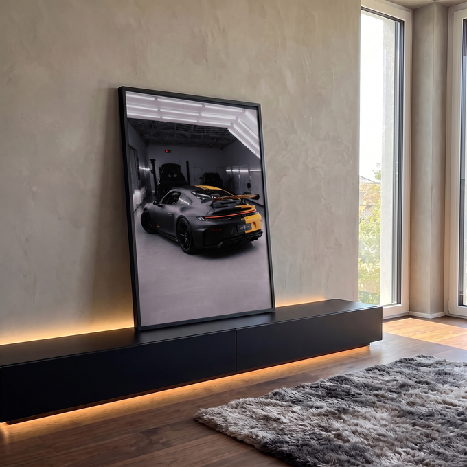 Quadro Decorativo Grande Esportivo Fosco para Sala Preto | quadros decorativos para sala | vista traseira de carro esportivo preto fosco com faixas amarelas em garagem industrial | em Quadros para Sala | Porao dos Quadros