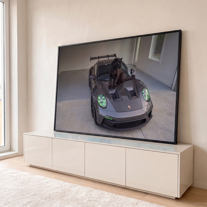 Quadro Decorativo Grande Pantera Carro Esportivo para Sala | quadros decorativos para sala | pantera negra sentada sobre capô de carro esportivo cinza com faróis verdes | em Quadros para Sala | Porao dos Quadros