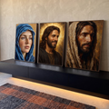 Quadro Decorativo Kit 3 Telas Retratos Sacros para Sala | quadros decorativos para sala | três retratos sacros, Jesus com halo dourado ao centro, mulher de véu azul à esquerda | em Quadros para Sala | Porao dos Quadros