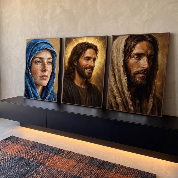 Quadro Decorativo Kit 3 Telas Retratos Sacros para Sala | quadros decorativos para sala | três retratos sacros, Jesus com halo dourado ao centro, mulher de véu azul à esquerda | em Quadros para Sala | Porao dos Quadros