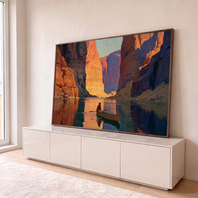 Cânion de rochas laranja refletido no rio com homem remando canoa, pintura a óleo, quadro decorativo