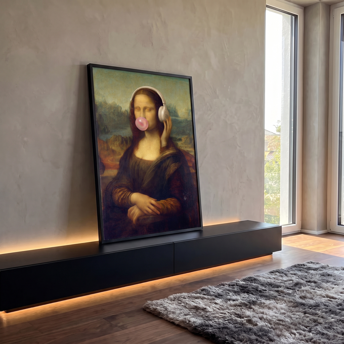Quadro Decorativo Grande Mona Lisa Fone para Sala Marrom | quadros decorativos para sala | Mona Lisa usando fone de ouvido branco e soprando bolha de chiclete rosa | Porao dos Quadros
