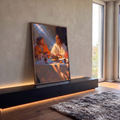 Quadro Decorativo Grande Jesus em Oração para Sala Laranja | quadros decorativos para sala | Jesus de manto branco em oração ao lado de discípulo, luz azul no fundo escuro | em Quadros para Sala | Porao dos Quadros