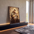 Quadro Decorativo Grande Santo Antônio com Menino para Sala | quadros decorativos para sala | frade com menino loiro no colo, auréolas douradas, lírios brancos e luz radiante | em Quadros para Sala | Porao dos Quadros