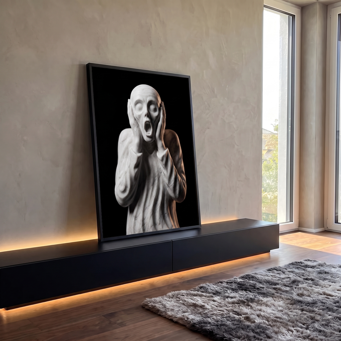 Quadro Decorativo Grande Grito Escultura para Sala Branco | quadros decorativos para sala | escultura de mármore branco com figura gritando e mãos no rosto sobre fundo preto | em Quadros para Sala | Porao dos Quadros
