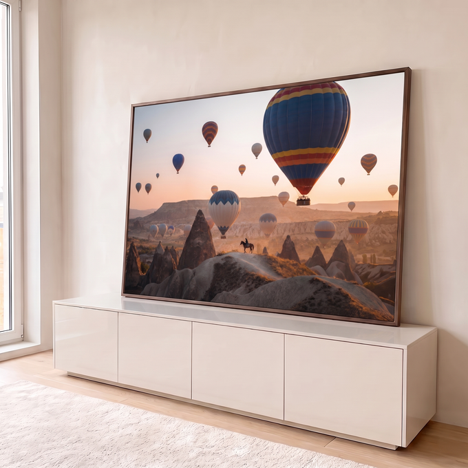 Quadro Decorativo Grande Balões de Ar para Sala Laranja | quadros decorativos para sala | balões de ar quente coloridos sobre formações rochosas da Capadócia ao amanhecer | em Quadros para Sala | Porao dos Quadros