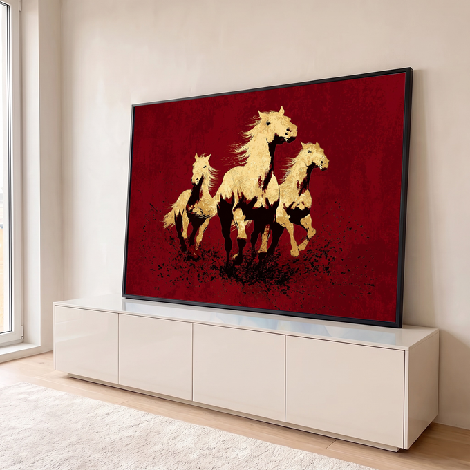 Quadro Decorativo Grande Três Cavalos Vermelho para Sala | quadros decorativos para sala | três cavalos dourados correndo sobre fundo vermelho com respingos pretos | em Quadros para Sala | Porao dos Quadros
