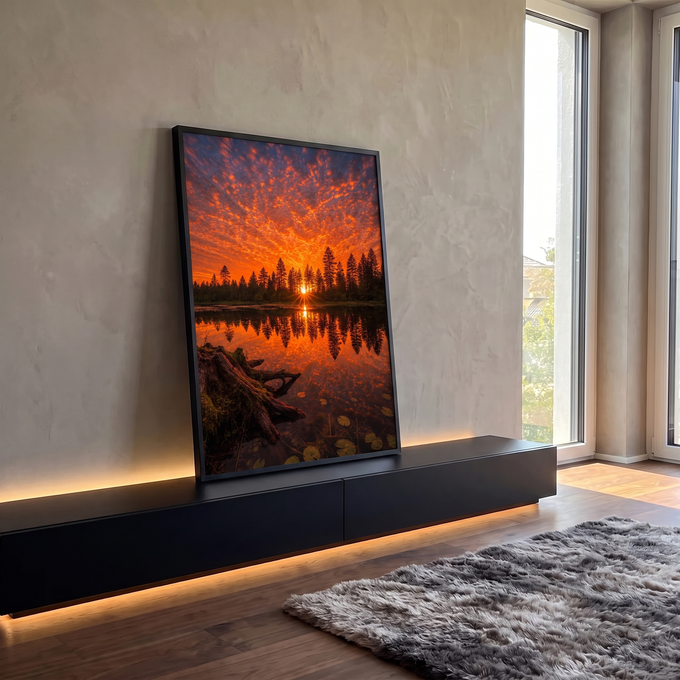 Pôr do sol laranja refletido em lago com pinheiros, raízes e vitórias-régias, quadro decorativo