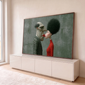 Casal surreal se beijando, homem de bolinhas e blazer xadrez, mulher de suéter vermelho, quadro decorativo