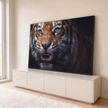 Quadro Decorativo Grande Tigre Rugindo para Sala Laranja | quadros decorativos para sala | close extremo de tigre rugindo com olhos verdes vibrantes e presas à mostra | em Quadros para Sala | Porao dos Quadros