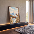 Quadro Decorativo Grande Ponte de Livros para Sala Azul | quadros decorativos para sala | mulher atravessa ponte de livros entre penhascos com montanhas nevadas ao fundo | em Quadros para Sala | Porao dos Quadros