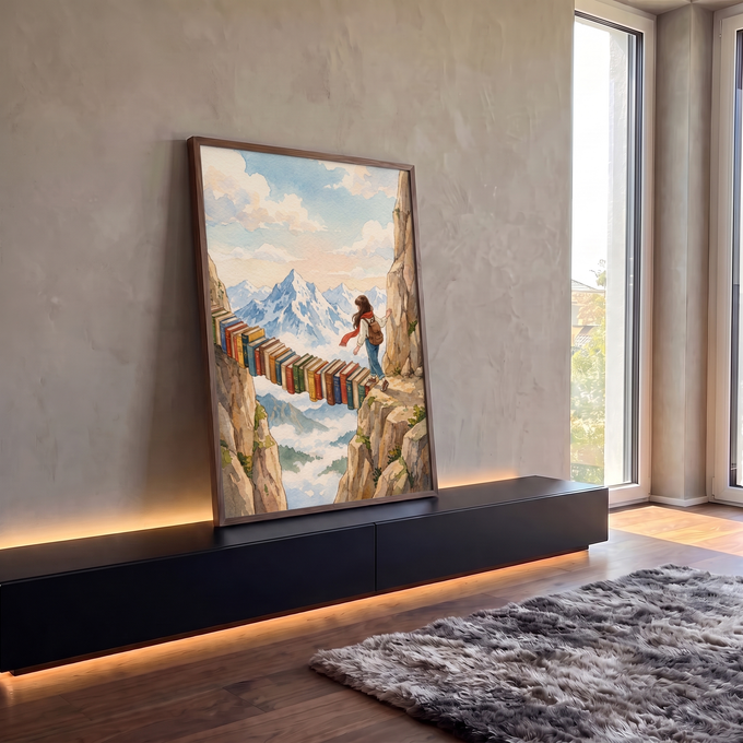 Quadro Decorativo Grande Ponte de Livros para Sala Azul | quadros decorativos para sala | mulher atravessa ponte de livros entre penhascos com montanhas nevadas ao fundo | em Quadros para Sala | Porao dos Quadros