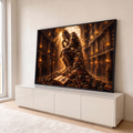 Quadro Decorativo Grande Escultura Biblioteca para Sala | quadros decorativos para sala | escultura de livros formando figuras abraçadas em biblioteca iluminada por vitral dourado | em Quadros para Sala | Porao dos Quadros