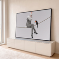 Quadro Decorativo Grande Arlequim Xadrez para Sala Preto | quadros decorativos para sala | arlequim em xadrez preto e branco sentada numa corda ao lado de um pássaro preto | em Quadros para Sala | Porao dos Quadros