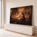 Quadro Decorativo Grande Última Ceia Luz Âmbar para Sala | quadros decorativos para sala | Jesus e doze apóstolos reunidos à mesa em cena da Última Ceia iluminada por velas | em Quadros para Sala | Porao dos Quadros