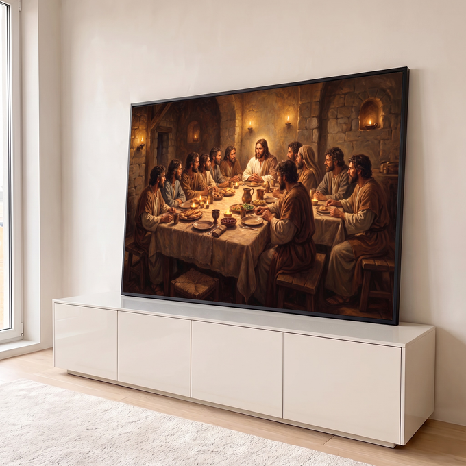 Quadro Decorativo Grande Última Ceia Luz Âmbar para Sala | quadros decorativos para sala | Jesus e doze apóstolos reunidos à mesa em cena da Última Ceia iluminada por velas | em Quadros para Sala | Porao dos Quadros