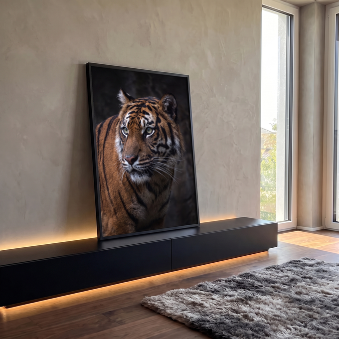 Tigre em close com listras laranja e pretas e olhos verdes sobre fundo escuro, quadro decorativo