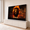 Quadro Decorativo Grande Leão com Juba para Sala Laranja | quadros decorativos para sala | leão com juba em chamas e olhos vermelhos sobre fundo escuro | em Quadros para Sala | Porao dos Quadros