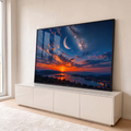 Quadro Decorativo Grande Lua Crescente para Sala Azul | quadros decorativos para sala | lua crescente e Via Láctea sobre mar e montanhas ao pôr do sol | em Quadros para Sala | Porao dos Quadros