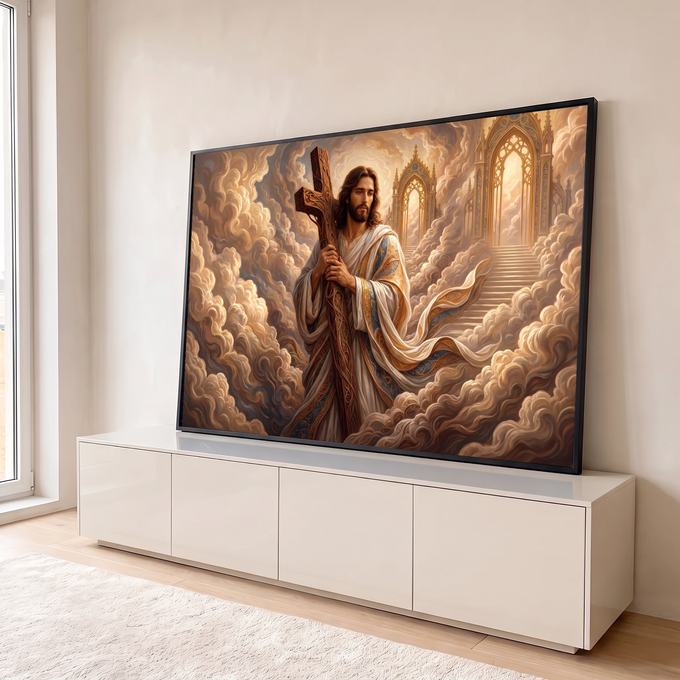 Quadro Decorativo Grande Jesus Portão Celestial para Sala | quadros decorativos para sala | Jesus Cristo com manto branco segurando cruz de madeira entre nuvens douradas | em Quadros para Sala | Porao dos Quadros