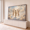 Jesus Cristo abençoando sobre nuvens brancas, cercado por quatro anjos de asas abertas, quadro decorativo