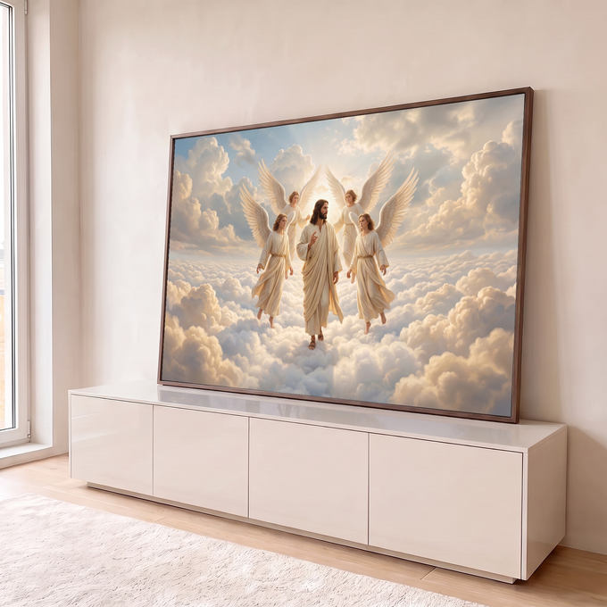 Jesus Cristo abençoando sobre nuvens brancas, cercado por quatro anjos de asas abertas, quadro decorativo