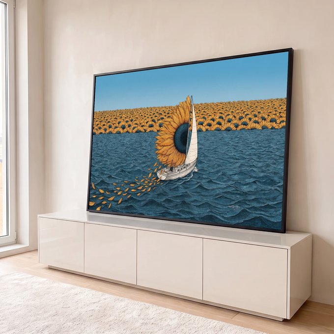 Ilustração de veleiro com vela de girassol no mar azul diante de campo de girassóis, quadro decorativo