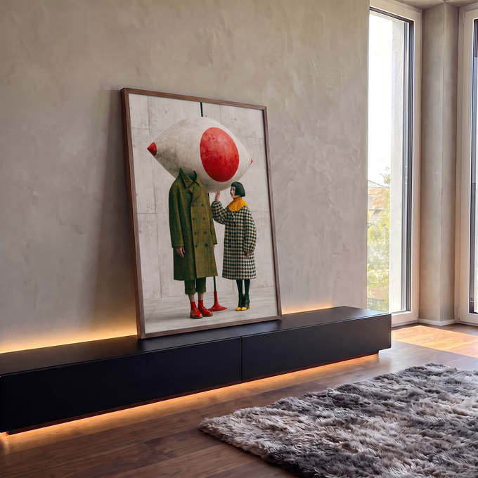 Olho gigante vermelho sobre figura sem cabeça de sobretudo e mulher em pied-de-poule, quadro decorativo