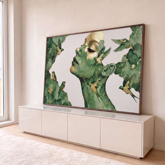 Perfil feminino de olhos fechados em aquarela verde com veios dourados e pássaros voando, quadro decorativo