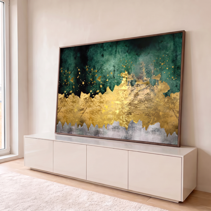 Quadro Decorativo Grande Abstrato e Dourado Verde para Sala | quadros decorativos para sala | camadas abstratas em verde escuro, dourado craquelado e cinza com respingos dourados | em Quadros para Sala | Porao dos Quadros