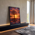Quadro Decorativo Grande Árvore Refletida Laranja para Sala | quadros decorativos para sala | árvore sem folhas refletida na água sob céu alaranjado de pôr do sol | em Quadros para Sala | Porao dos Quadros